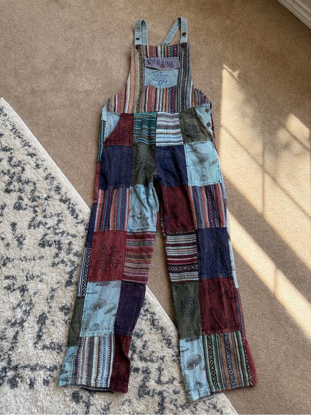 Patchwork Bohemian Overalls 100% Cotton Hippie Mushrooms Floral Multicolor